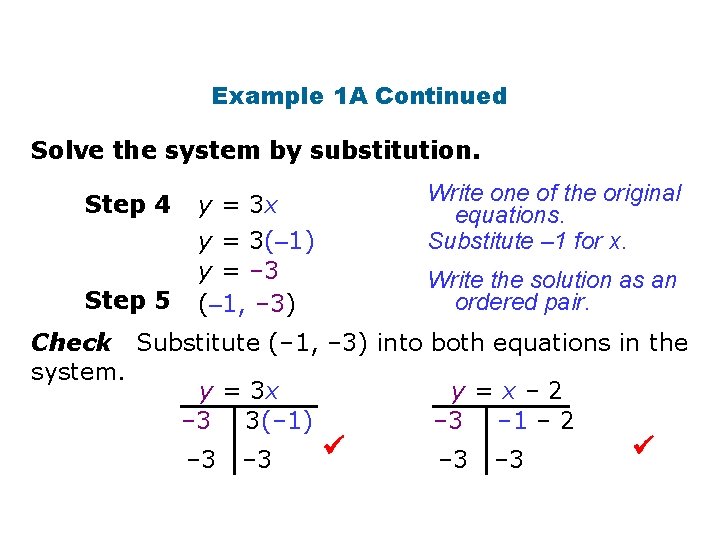 Example 1 A Continued Solve the system by substitution. Step 4 Step 5 Write