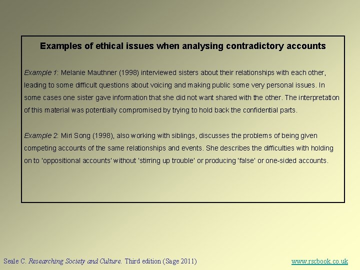 Examples of ethical issues when analysing contradictory accounts Example 1: Melanie Mauthner (1998) interviewed