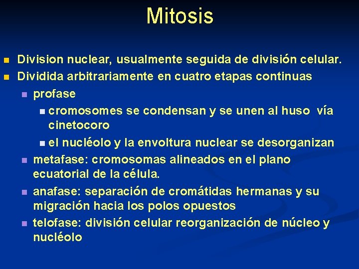 Mitosis n n Division nuclear, usualmente seguida de división celular. Dividida arbitrariamente en cuatro