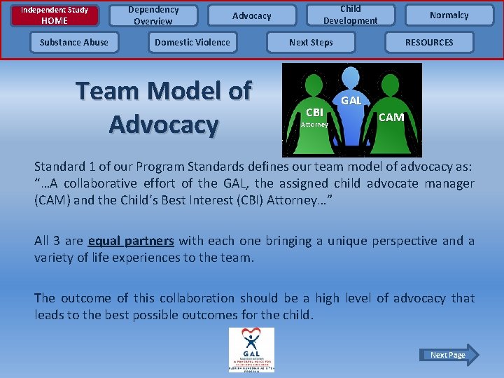 Independent Study HOME Substance Abuse Dependency Overview Advocacy Domestic Violence Team Model of Advocacy