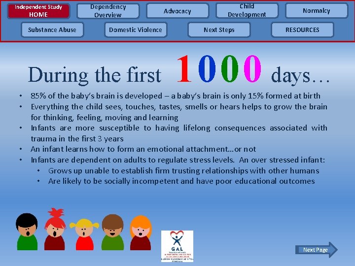 Independent Study HOME Substance Abuse Dependency Overview Domestic Violence During the first Advocacy Child