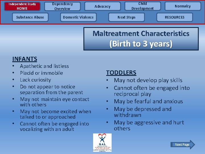 Independent Study HOME Substance Abuse Dependency Overview Advocacy Domestic Violence Child Development Next Steps