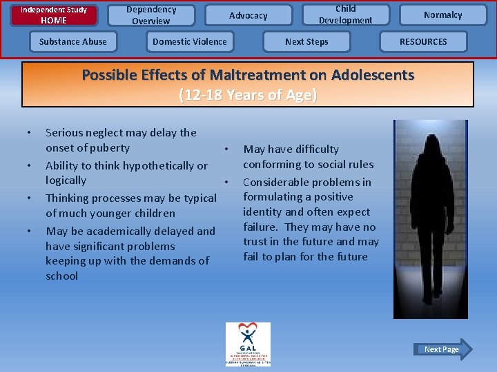 Independent Study HOME Substance Abuse Dependency Overview Domestic Violence Advocacy Child Development Next Steps