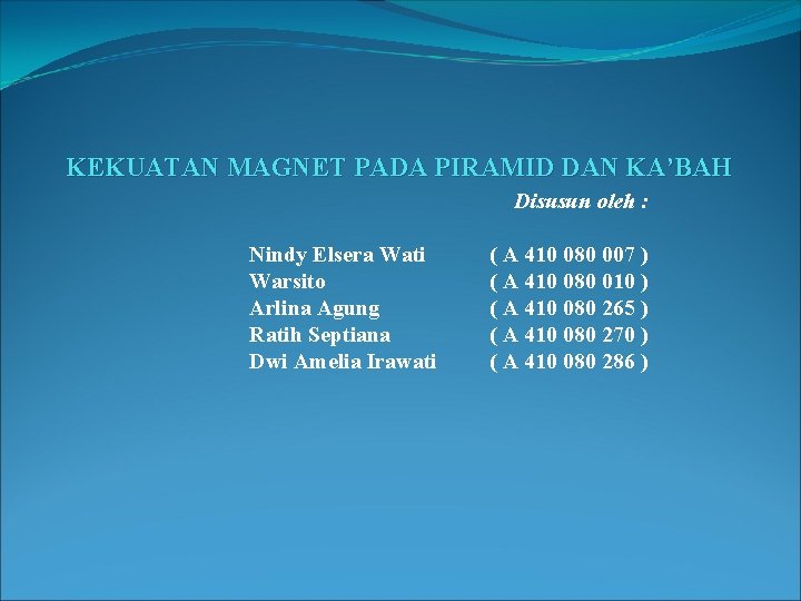 KEKUATAN MAGNET PADA PIRAMID DAN KA’BAH Disusun oleh : Nindy Elsera Wati Warsito Arlina