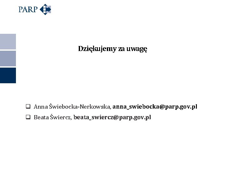 Dziękujemy za uwagę q Anna Świebocka-Nerkowska, anna_swiebocka@parp. gov. pl q Beata Świercz, beata_swiercz@parp. gov.
