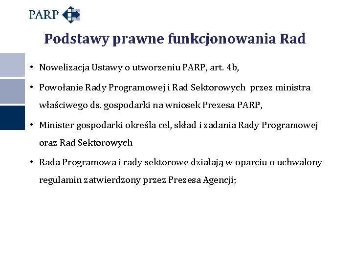 Podstawy prawne funkcjonowania Rad • Nowelizacja Ustawy o utworzeniu PARP, art. 4 b, •