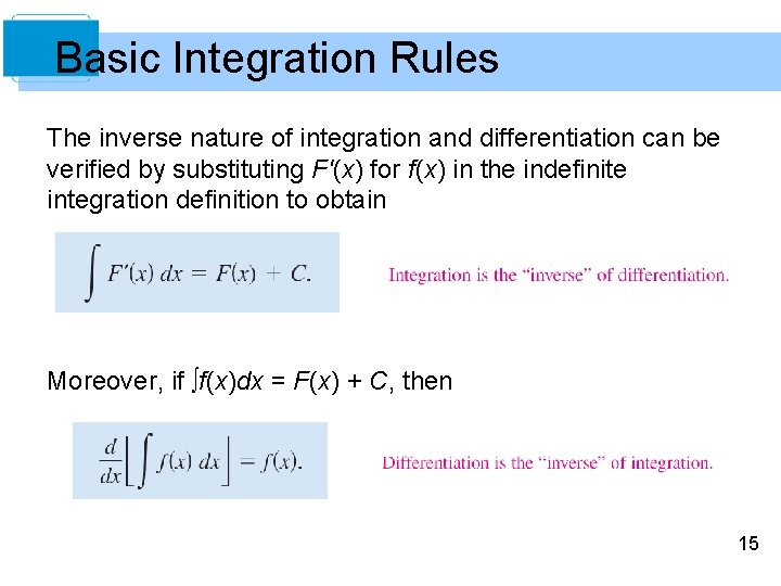 Basic Integration Rules The inverse nature of integration and differentiation can be verified by