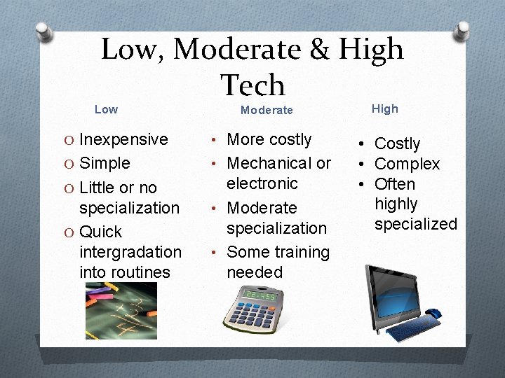 Low, Moderate & High Tech Low Moderate O Inexpensive • More costly O Simple