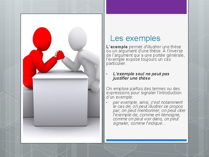 Les exemples L’exemple permet d’illustrer une thèse ou un argument d’une thèse. À l’inverse