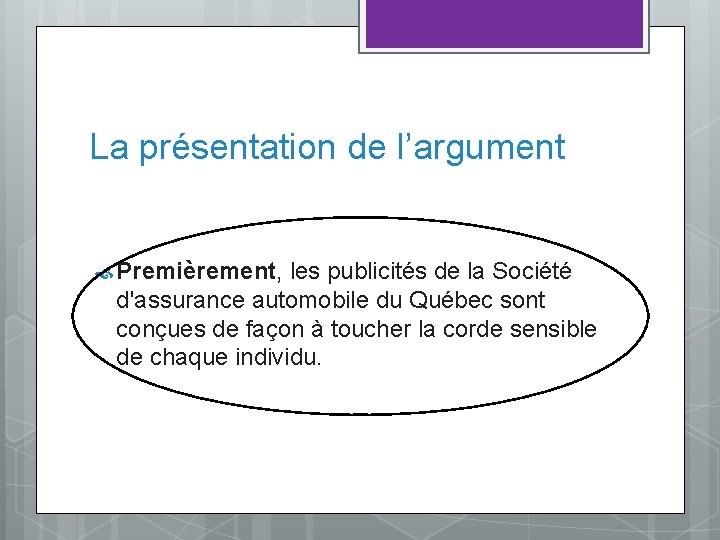 La présentation de l’argument Premièrement, les publicités de la Société d'assurance automobile du Québec