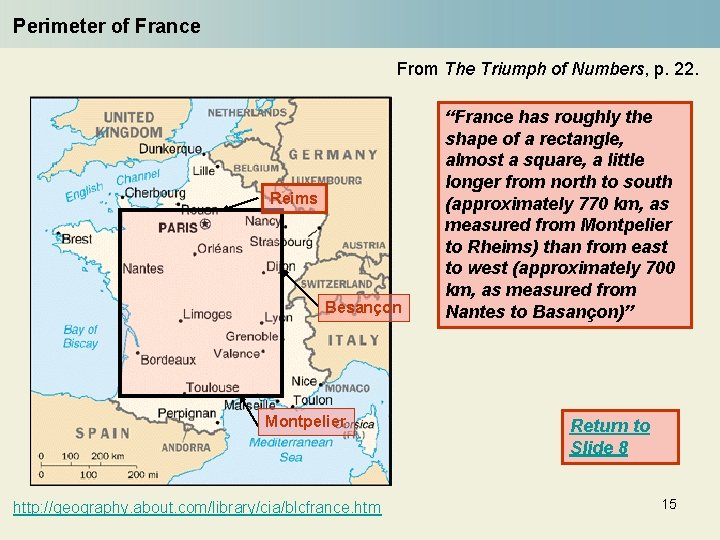 Perimeter of France From The Triumph of Numbers, p. 22. Reims Besançon Montpelier http: