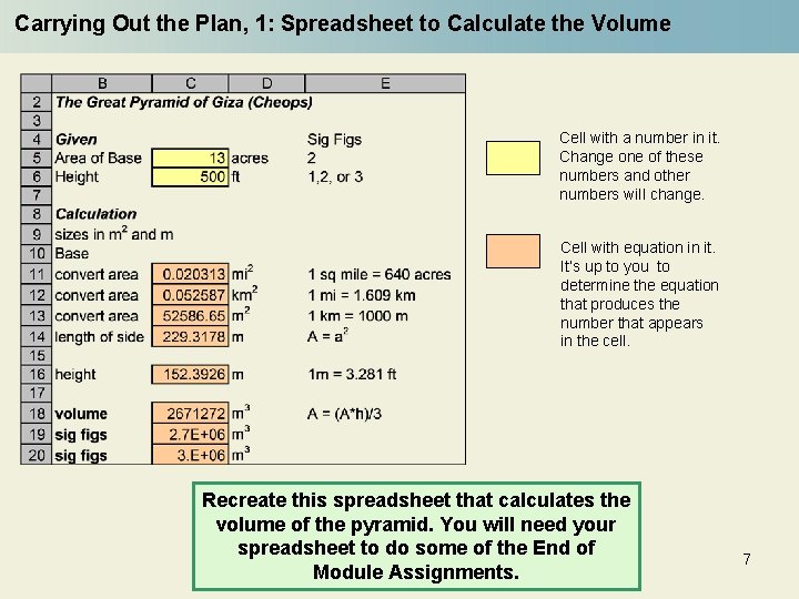 Carrying Out the Plan, 1: Spreadsheet to Calculate the Volume Cell with a number