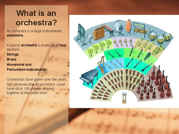 What is an orchestra? An orchestra is a large instrumental ensemble. A typical orchestra