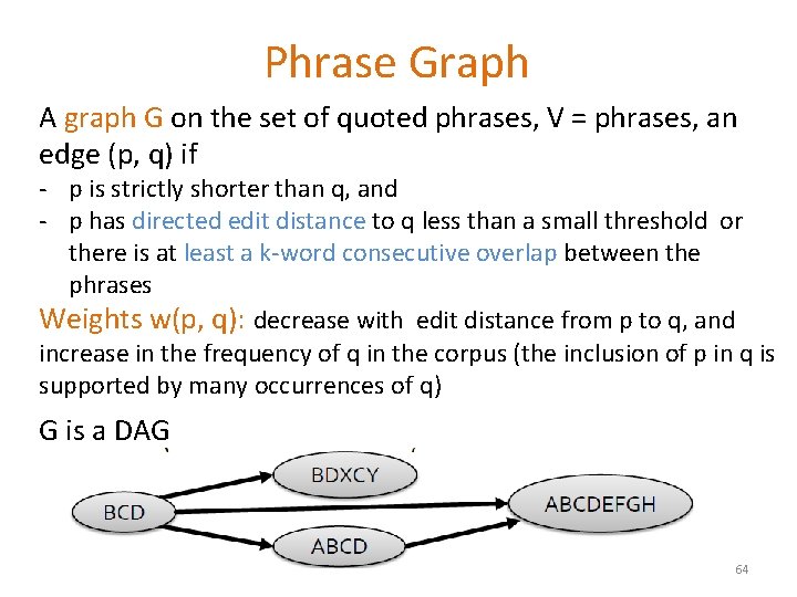 Phrase Graph A graph G on the set of quoted phrases, V = phrases,
