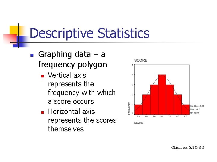 Descriptive Statistics n Graphing data – a frequency polygon n n Vertical axis represents