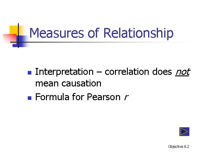 Measures of Relationship n n Interpretation – correlation does not mean causation Formula for