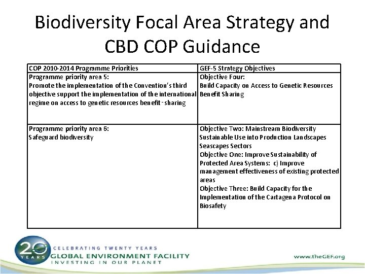 Biodiversity Focal Area Strategy and CBD COP Guidance COP 2010 -2014 Programme Priorities Programme