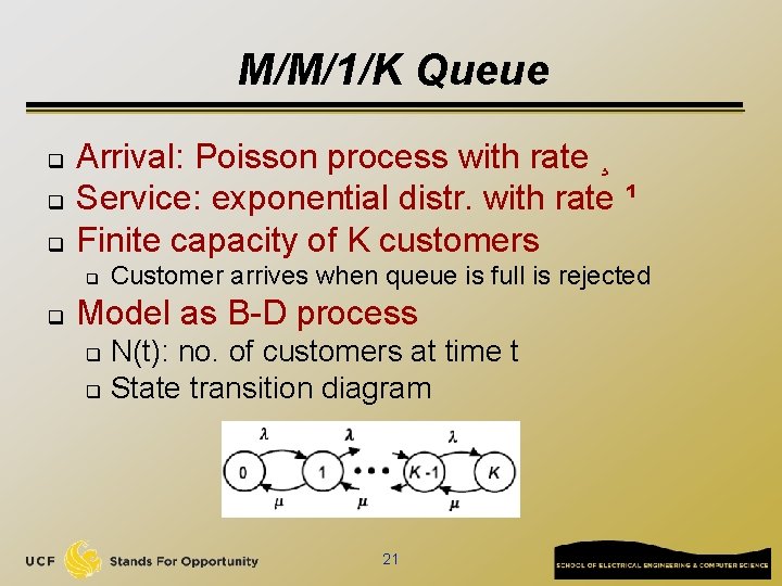 M/M/1/K Queue q q q Arrival: Poisson process with rate ¸ Service: exponential distr.