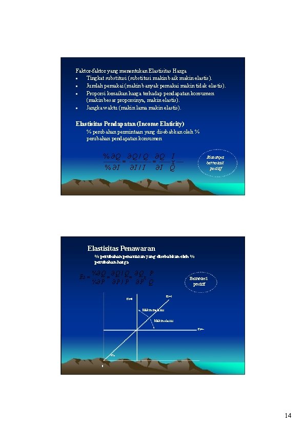 Faktor-faktor yang menentukan Elastisitas Harga Tingkat substitusi (substitusi makin baik makin elastis). • Jumlah