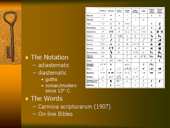 ¨ The Notation – adiastematic – diastematic • gothic • roman/modern since 13 th