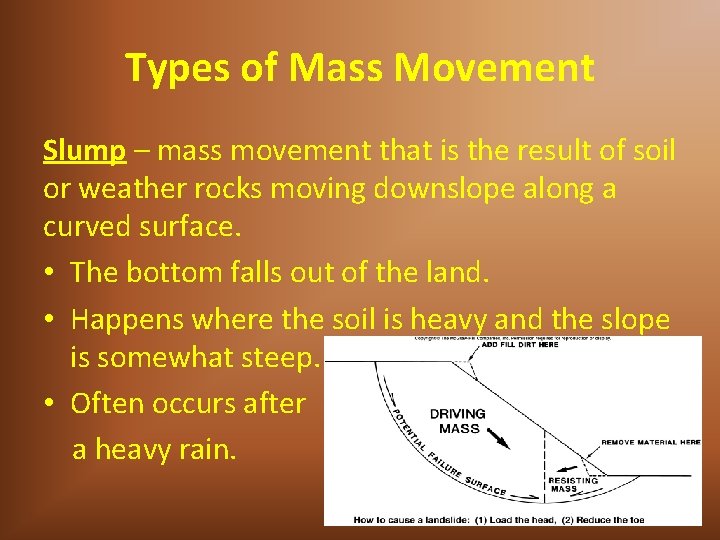 Types of Mass Movement Slump – mass movement that is the result of soil