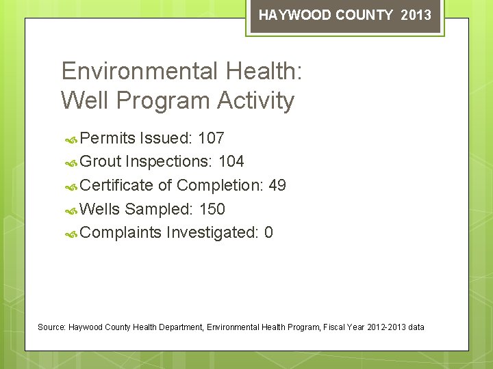 HAYWOOD COUNTY 2013 Environmental Health: Well Program Activity Permits Issued: 107 Grout Inspections: 104