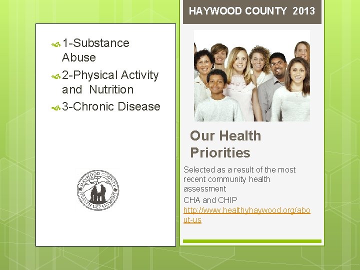 HAYWOOD COUNTY 2013 1 -Substance Abuse 2 -Physical Activity and Nutrition 3 -Chronic Disease