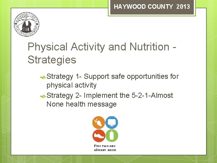 HAYWOOD COUNTY 2013 Physical Activity and Nutrition Strategies Strategy 1 - Support safe opportunities