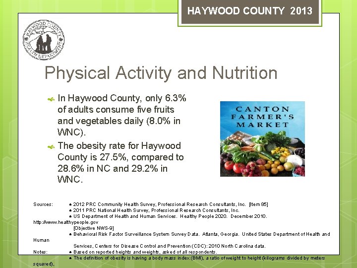 HAYWOOD COUNTY 2013 Physical Activity and Nutrition Sources: In Haywood County, only 6. 3%