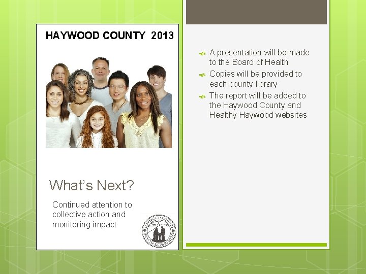 HAYWOOD COUNTY 2013 What’s Next? Continued attention to collective action and monitoring impact A