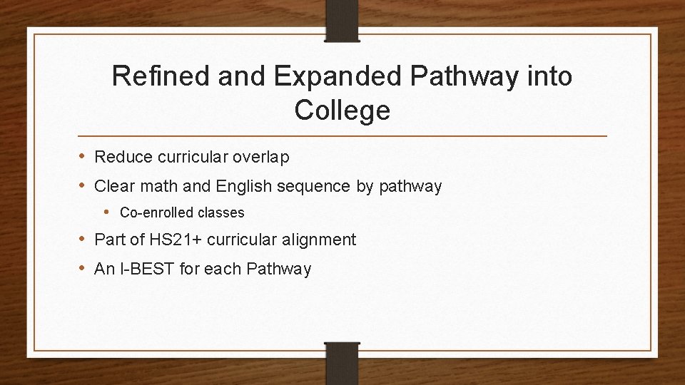 Refined and Expanded Pathway into College • Reduce curricular overlap • Clear math and