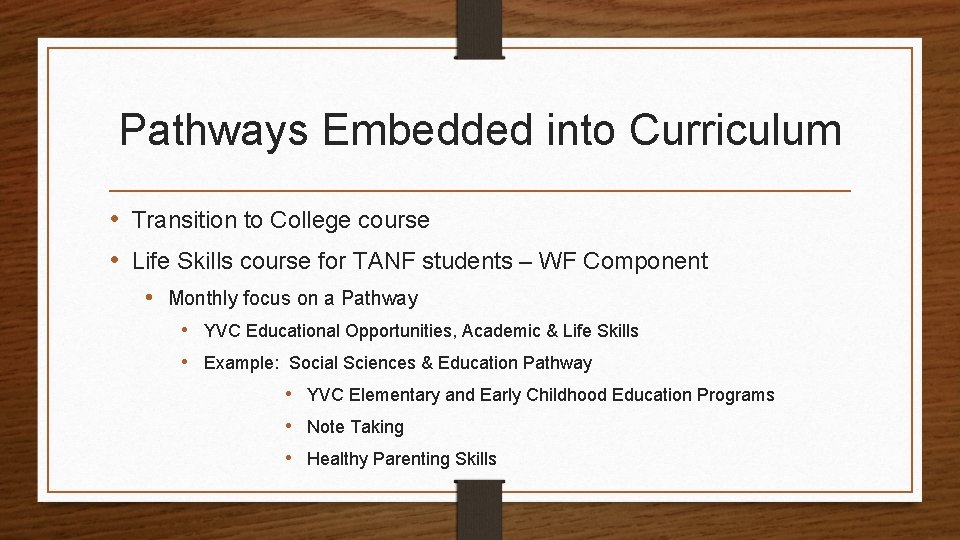 Pathways Embedded into Curriculum • Transition to College course • Life Skills course for