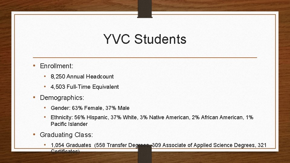 YVC Students • Enrollment: • 8, 250 Annual Headcount • 4, 503 Full-Time Equivalent