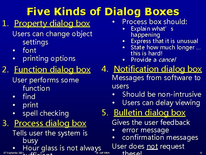 Five Kinds of Dialog Boxes • 1. Property dialog box Users can change object