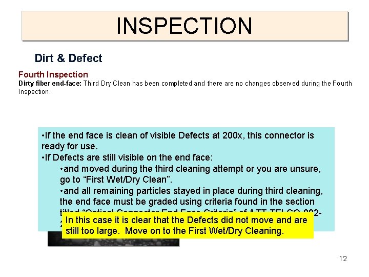 INSPECTION Dirt & Defect Fourth Inspection Dirty fiber end-face: Third Dry Clean has been