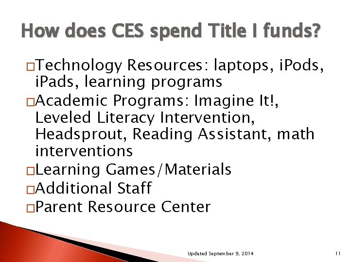 How does CES spend Title I funds? �Technology Resources: laptops, i. Pods, i. Pads,
