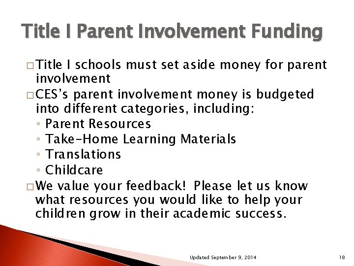 Title I Parent Involvement Funding � Title I schools must set aside money for