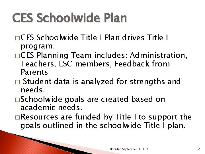 CES Schoolwide Plan � CES Schoolwide Title I Plan drives Title I program. �