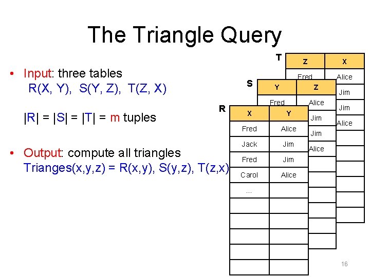 The Triangle Query T • Input: three tables R(X, Y), S(Y, Z), T(Z, X) The Triangle Query T • Input: three tables R(X, Y), S(Y, Z), T(Z, X)