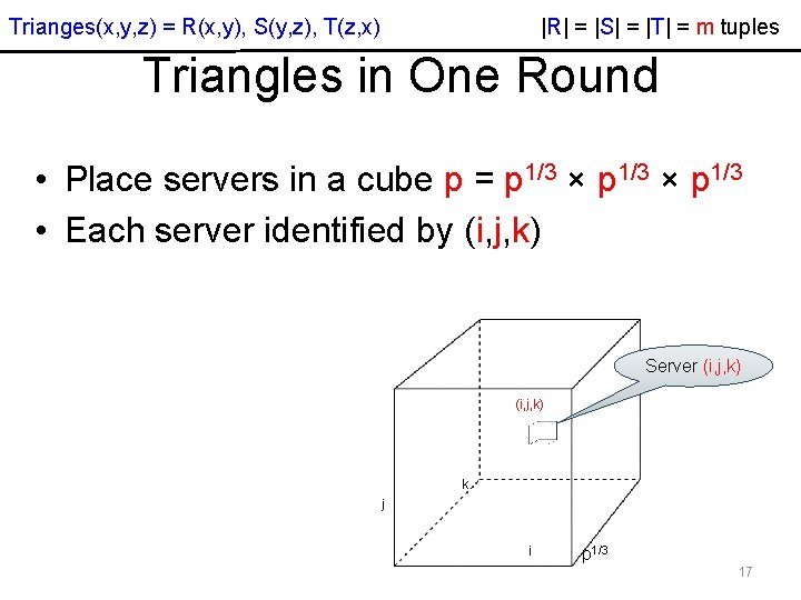 |R| = |S| = |T| = m tuples Trianges(x, y, z) = R(x, y), |R| = |S| = |T| = m tuples Trianges(x, y, z) = R(x, y),