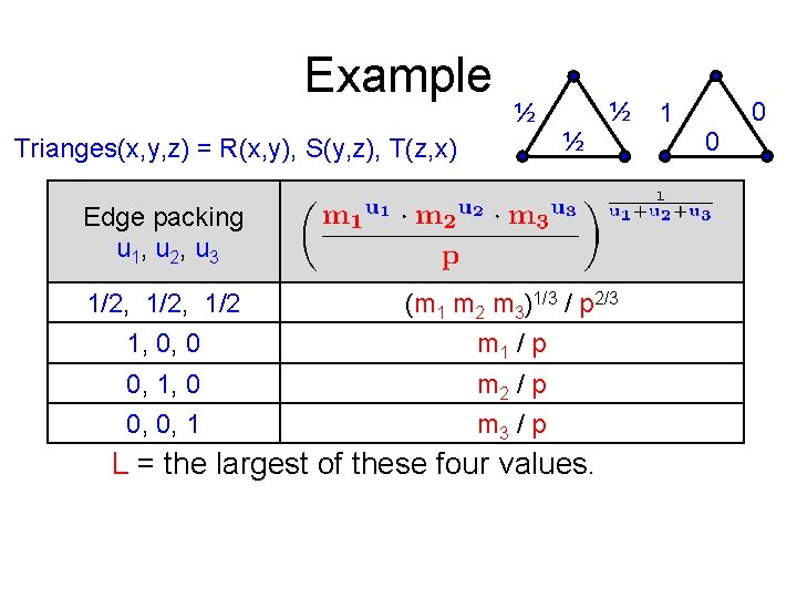 Example ½ Trianges(x, y, z) = R(x, y), S(y, z), T(z, x) ½ ½ Example ½ Trianges(x, y, z) = R(x, y), S(y, z), T(z, x) ½ ½