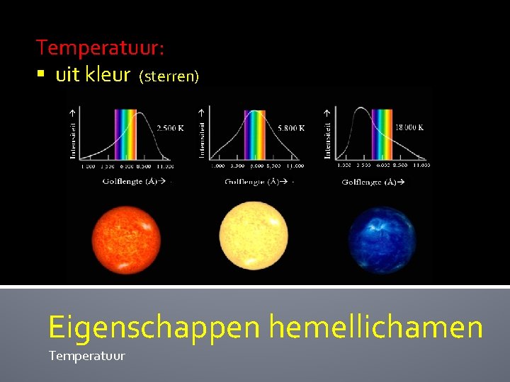 Temperatuur: § uit kleur (sterren) Eigenschappen hemellichamen Temperatuur 