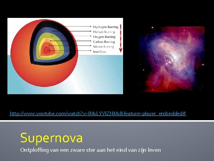 http: //www. youtube. com/watch? v=IMs. LYVl. ZNMc&feature=player_embedded# Supernova Ontploffing van een zware ster aan