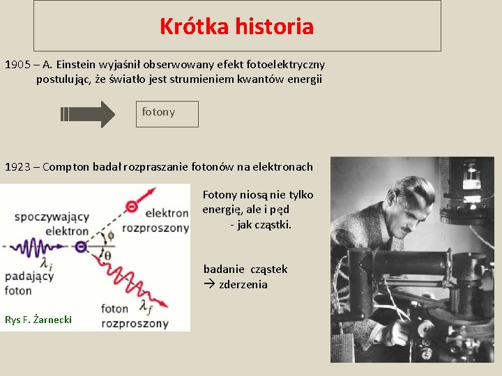 Krótka historia 1905 – A. Einstein wyjaśnił obserwowany efekt fotoelektryczny postulując, że światło jest