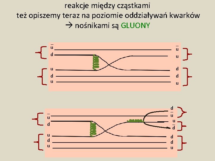 reakcje między cząstkami też opiszemy teraz na poziomie oddziaływań kwarków nośnikami są GLUONY _