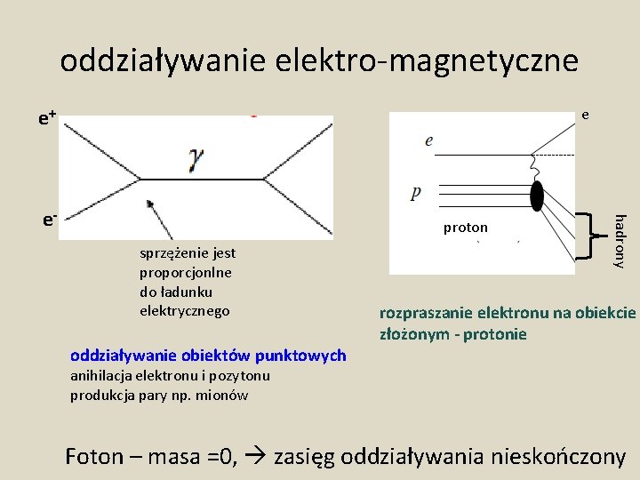 oddziaływanie elektro-magnetyczne e+ e proton sprzężenie jest proporcjonlne do ładunku elektrycznego oddziaływanie obiektów punktowych