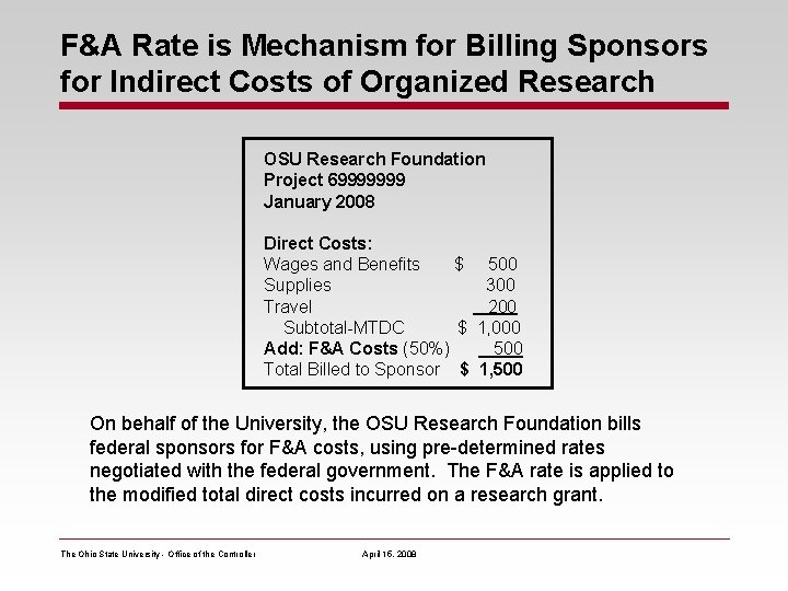 F&A Rate is Mechanism for Billing Sponsors for Indirect Costs of Organized Research OSU