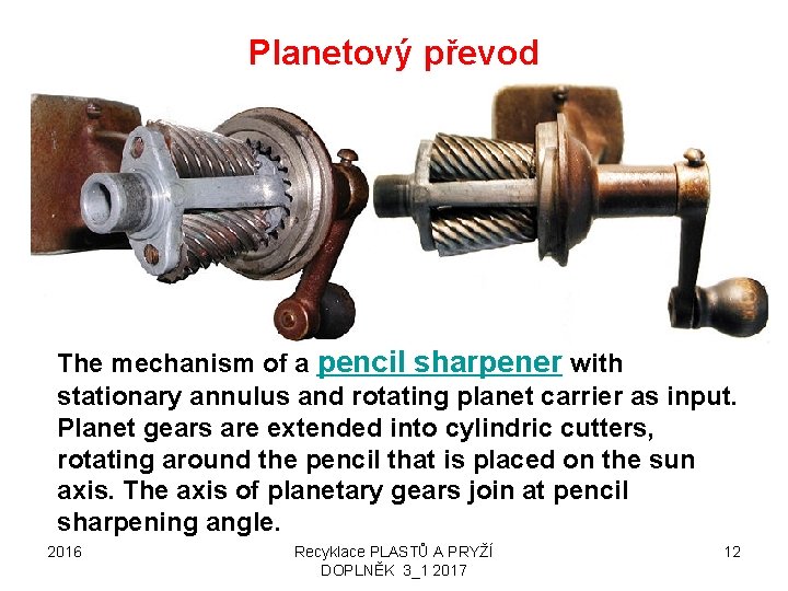 Planetový převod The mechanism of a pencil sharpener with stationary annulus and rotating planet