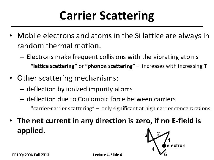 Carrier Scattering • Mobile electrons and atoms in the Si lattice are always in