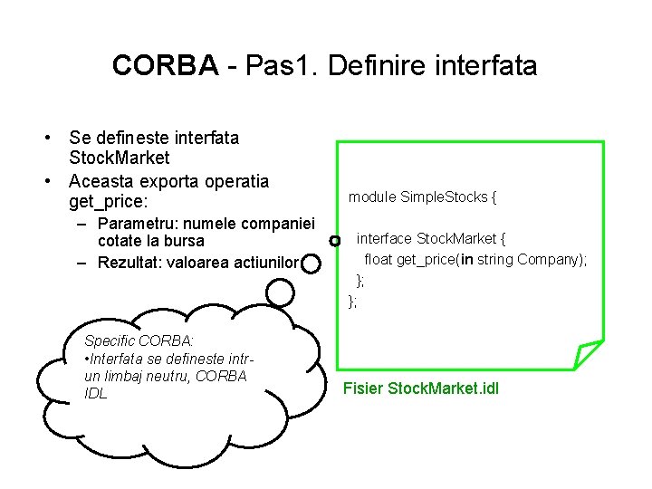 CORBA - Pas 1. Definire interfata • Se defineste interfata Stock. Market • Aceasta